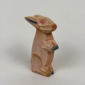 Vintage Hand-Carved Pink Wood Rabbit Figurine Sitting Upright Ears Back